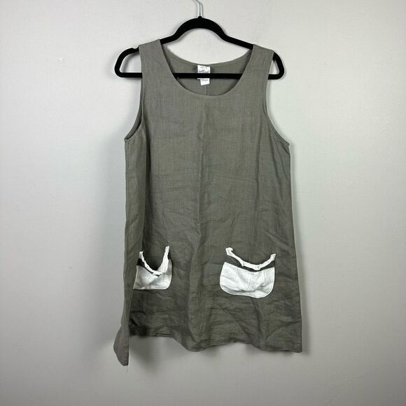 Match Point Dresses & Skirts - Match Point USA 100% Linen apron Lagenlook boho olive green dress